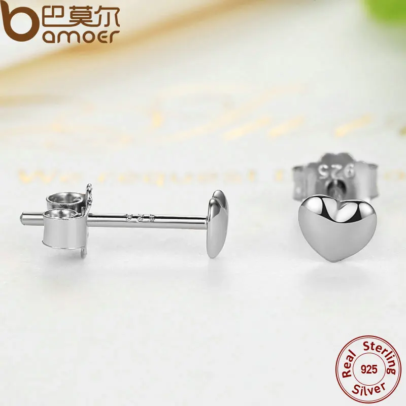 BAMOER 100% 925 Sterling Silver Petite Plain Hearts Stud Earrings for Women Silver Small Earrings Fine Jewelry brincos PAS441 - Image 4