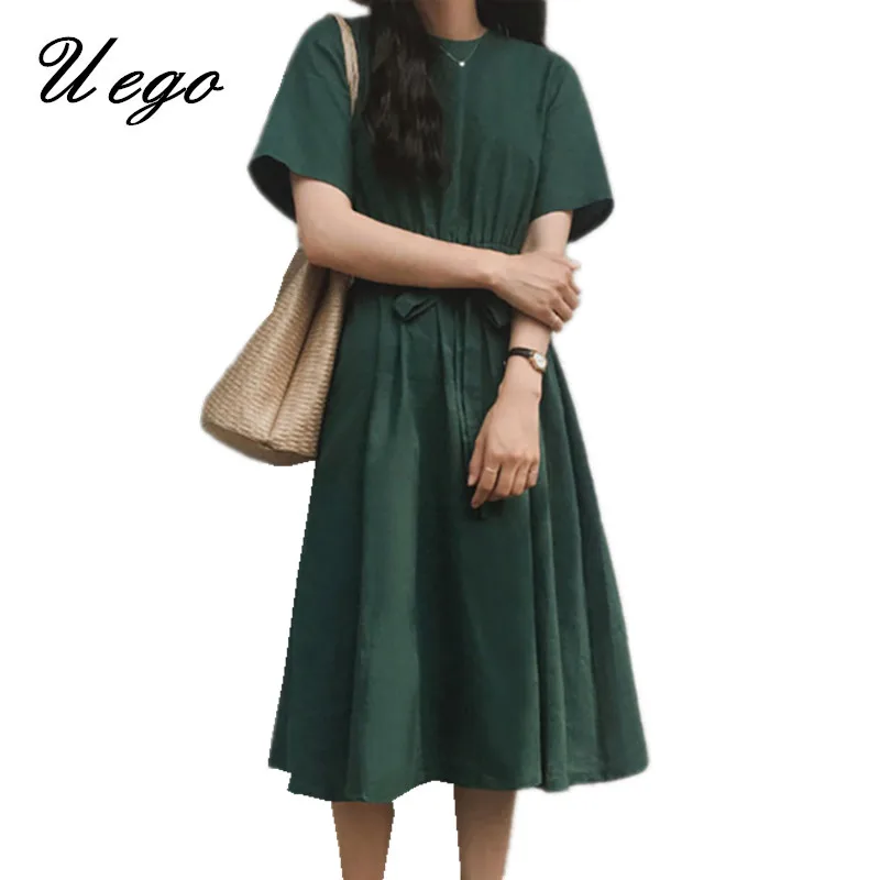 

2019 New Arrival Fashion Summer Dress Cotton Slim Sashes INS Korea Preppy Style Girl's Dress Women Casual Prairie Chic Dress
