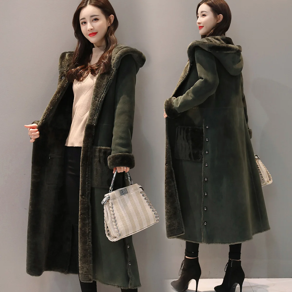 Длинные замшевые кожаные куртки с капюшоном, свободное Женское зимнее пальто, толстое теплое пальто из овечьей шерсти, большие размеры, женская верхняя одежда, пальто G442