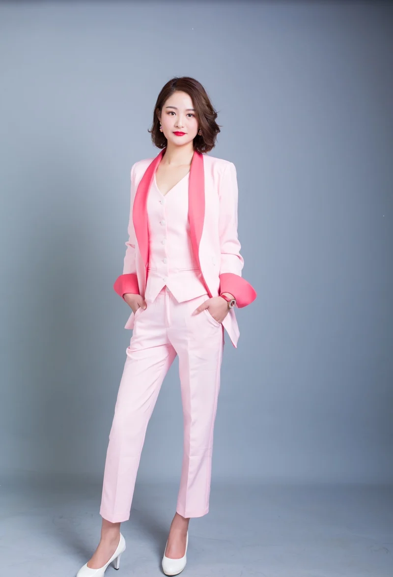 Весна осень женские модные розовые лоскутные брюки наборы офисные женские шали воротник пальто Блейзер+ жилеты+ брюки Y215
