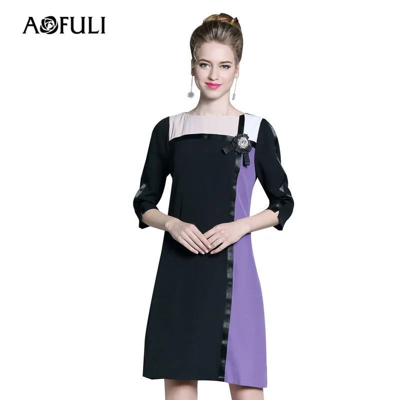 AOFULI L-5XL плюс размер платье Весна 3/4 рукав 3D аппликации цвет пэчворк элегантные офисные платья вечерние платья