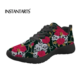 

INSTANTARTS Running Shoes Women Walking Shoes Men Lace Up Sneakers Cartoon Skull with Flower Printed Jogging Outdoor Sport Shoes