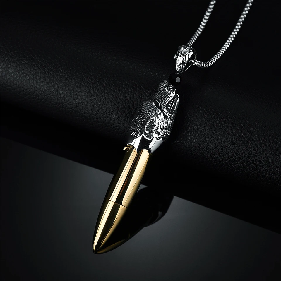 YANGQI Stainless Steel Wolf Head Bullet Pendant Necklace Silver Chain Openable Animal Souvenir Bullet Pendant Statement Jewelry