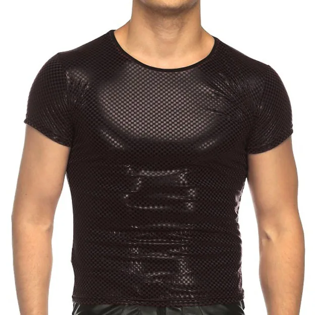 

Sexy T Shirts For Men Patent Leather Fitness Slim Tops Gay T-shirt Tees Male Stage T-shirt O-Neck Sexy Men Club Clothes