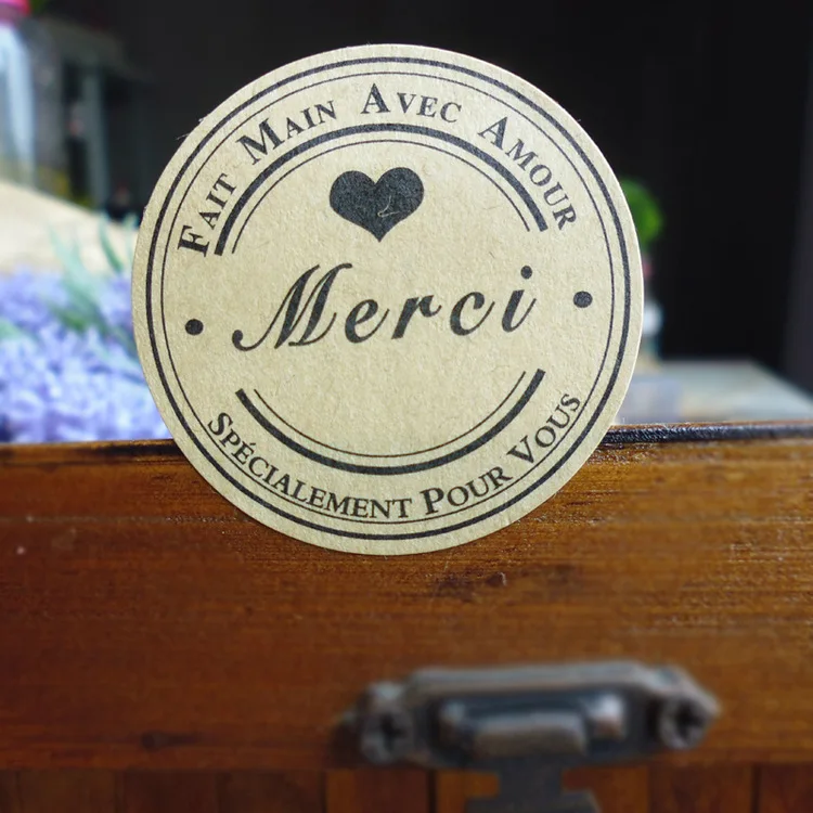 120 шт французские Merci Love Heart ручная упаковка для торта уплотнительные этикетки из крафтовой бумаги наклейки для выпечки DIY вечерние круглые наклейки в подарок s M1211