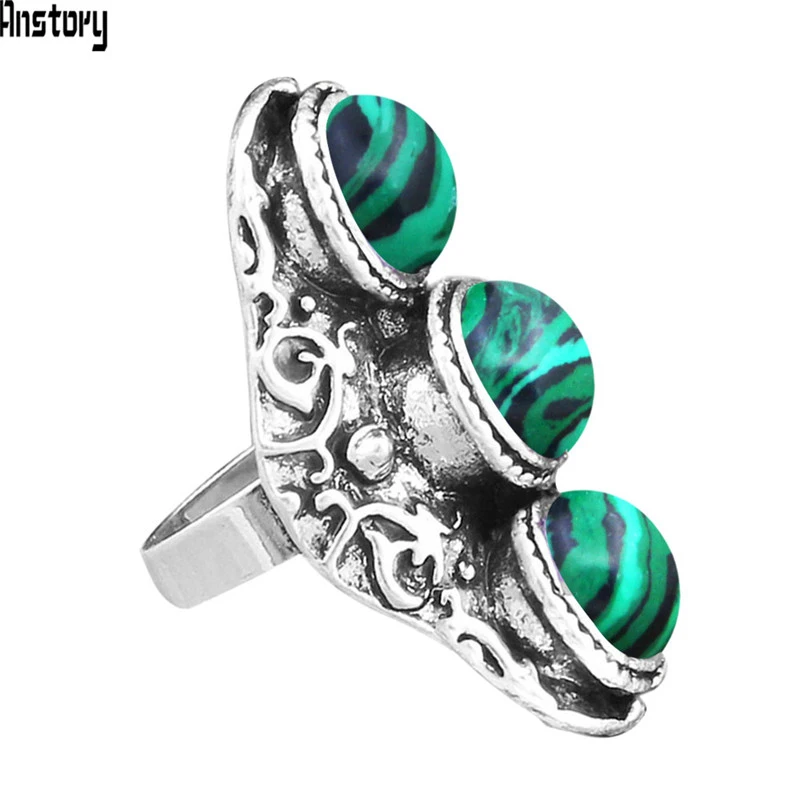 Synthetic Malachite Винтажные кварцевые кольца с натуральным тигровым глазом для женщин, античное посеребренное регулируемое модное кольцо с тремя камнями TR751 - Цвет основного камня: Synthetic Malachite