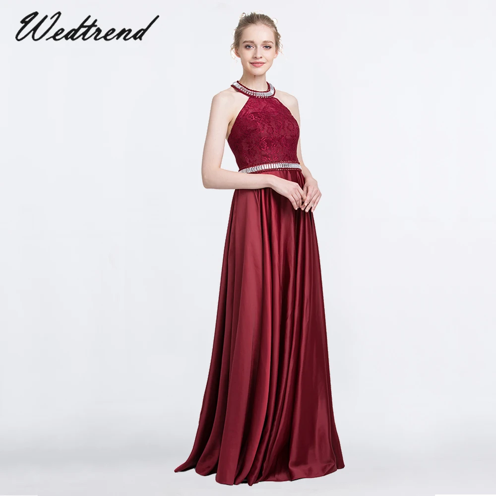 

Wedtrend Burgundy Evening Dress Long Vintage Halter Backless A Line Satin Dress Gown Party abendkleider 2019