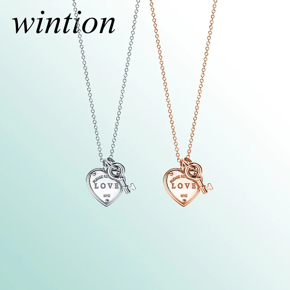 

Wintion tiff Love key pendant necklace Original 100% 925 Sterling Silver Women Rose gold Jewelry set High-end Quality Gift