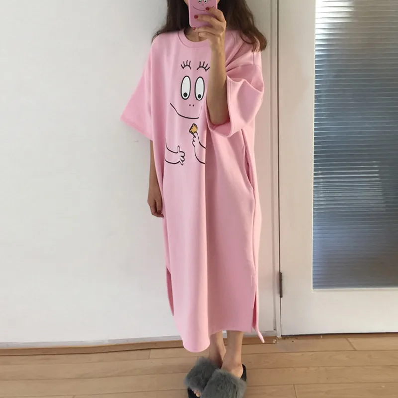 Summer Elegant New Fashion Design Novel Cartoon Print Pink Sleep shirts Sweet Cute Loose Casual Short-sleeved Nightdress