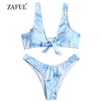 

ZAFUL Bikini Marble Swimwear Women Bowknot High Cut Swimsuit Tank Bikini Set Scoop Neck Sexy Thong Bottom Biquni Bathing Suit