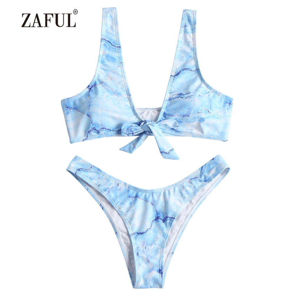 ZAFUL бикини мраморный купальник женский с бантиком высоким вырезом комплект