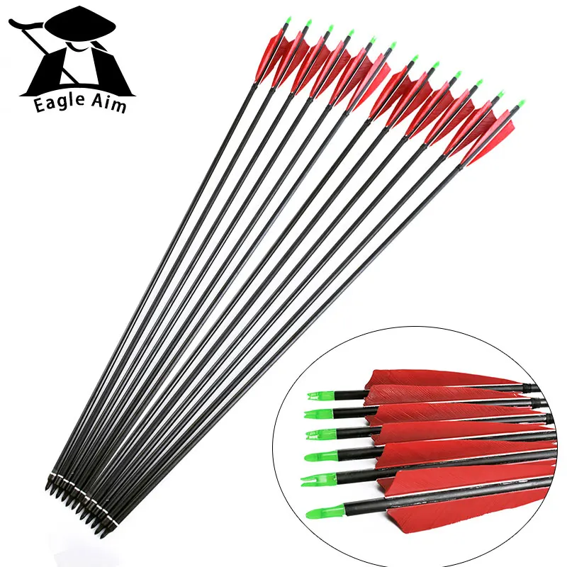 Hot 12Pcs Hunting Archery  Mix Carbon Arrows Bolts Turkey feather for 20-50lbs Longbow Recurve Bow