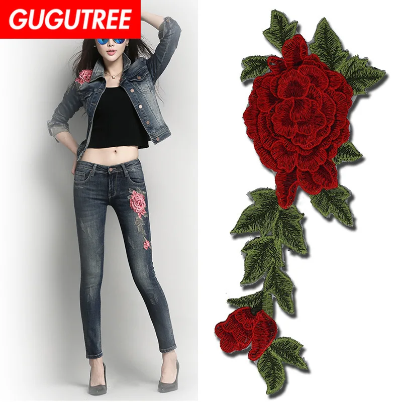 

GUGUTREE embroidery big rose patches flower patches badges applique patches for clothing XC-439