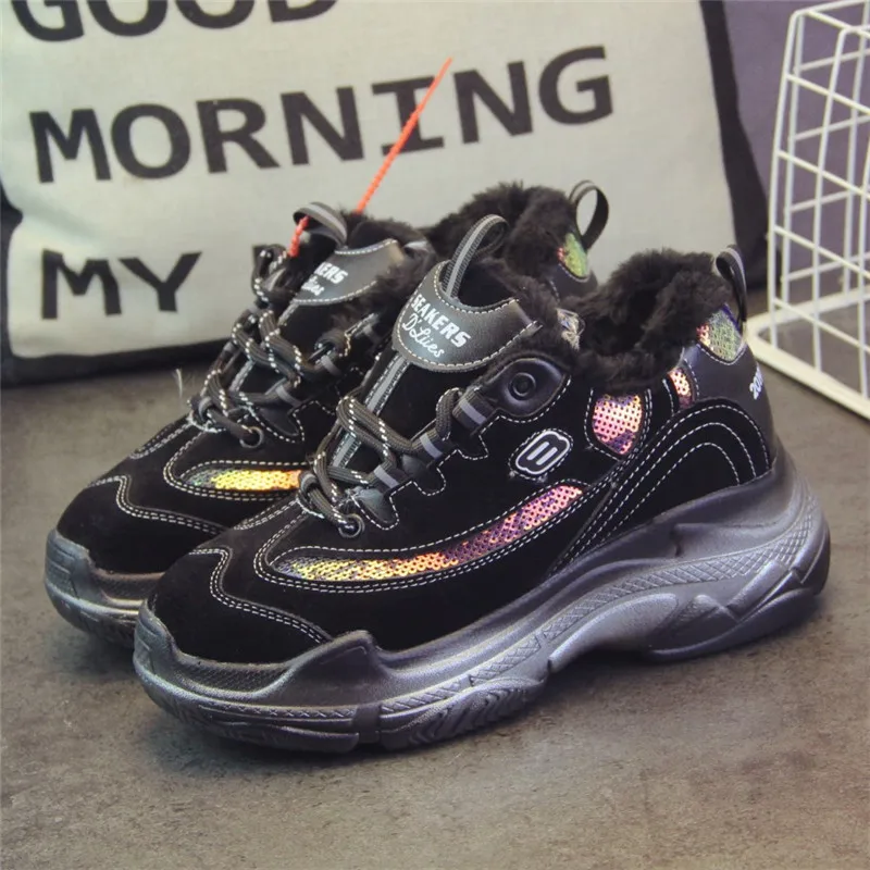 SWYIVY Platform Sneakers Female Shoes Velvet Fur 2019 Winter Woman Bling Sequine Casual Shoes Comfortable Lady DAD Sneakers