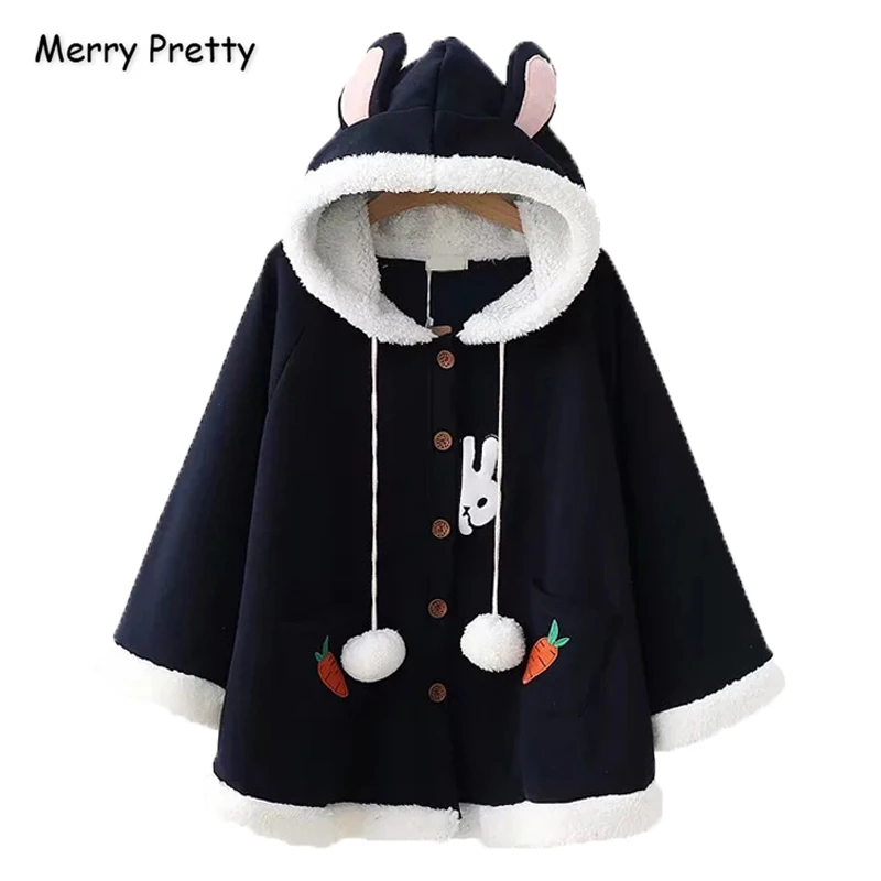 

Merry Pretty 2019 Winter Plus Velvet Thick Warm Cloak Rabbit Embroidery Bat Sleeve With Ears on Hood Pullovers Sweet Cloak Coat