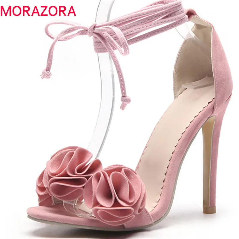 

MORAZORA 2020 new arrive women sandals flock flower lace up fashion shoes solid sexy thin high heel party summer shoes woman