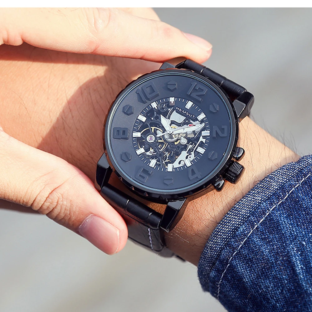 

Relogio Masculion 3D Numeral Dial Men Luxury Brand New Black Men's Skeleton Wristwatch Stainless Steel Antique Steampunk watch