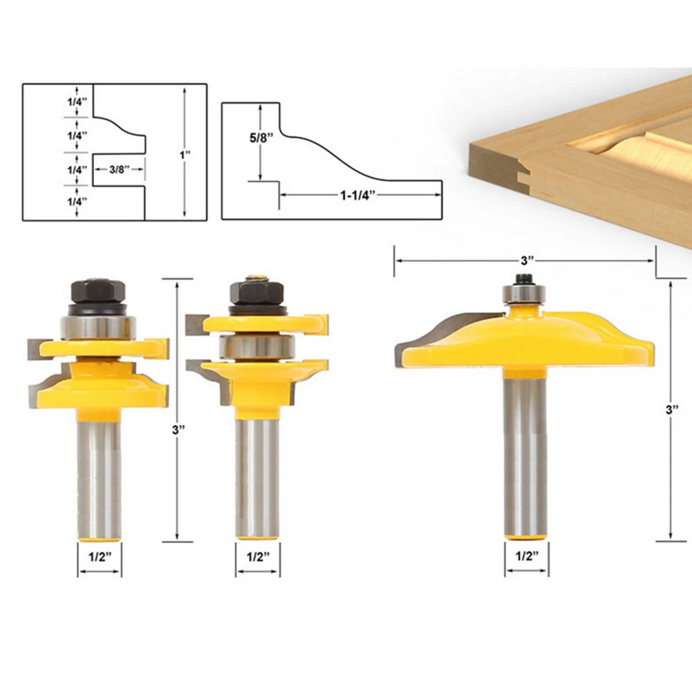 

Woodworking 3PC 1/2 Inch Milling Cutter Router Bit Set Cabinet Solid Wood Particle Board Cut Tool Chair Rail Molding Router Bits