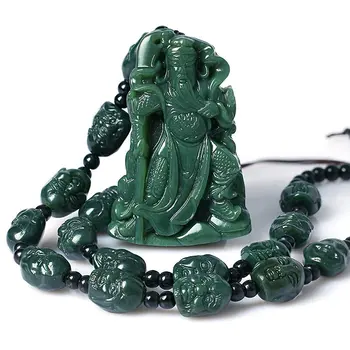 

Koraba Fine Jewelry Natural Hand carved Green jade Wu God of Wealth Guan Yu Eighteen Lohan Necklace pendant Free Shipping