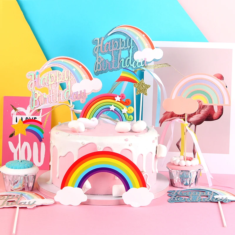 

Colorful Rainbow Cake Topper Unicorn Birthday Cake Flags Rainbow Unicorn Cupcake Topper for Birthday Party Baking Decoration
