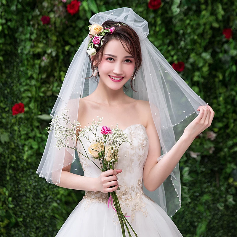 

New Arrival Women One Layer Tulle Wedding Veil With Comb Bridal Veils for Bride for Mariage Wedding Accessories Pearl Edge VE004