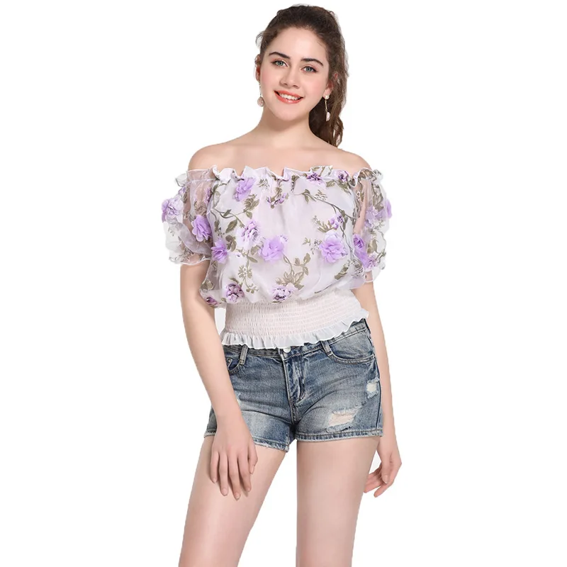 

Summer Chiffon Woman Blouse Slash Neck Short Sleeve Print Floral Tops Lady Female Sweet Off Shoulder Neckline Shirts