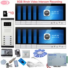 10 Units 9” Video Intercom With Recording Intercom + 8GB TF Card + Rfid Door Lock doorbell security camera Intercom System Kit