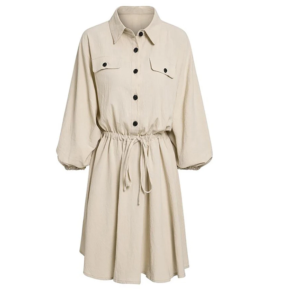 Women Fashion belt dresses linen short shirt dress Long sleeve cotton dress buttons female vestidos Faldas Mujer