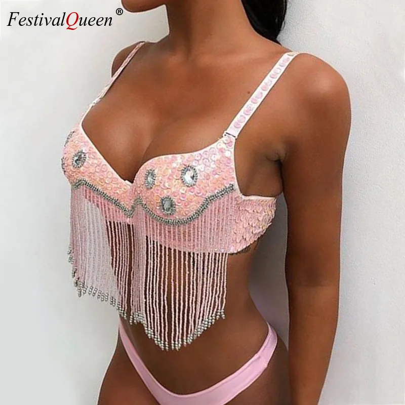 

FestivalQueen Sexy Handmade Sequins Tassel Diamond Crop Tops Women 2019 Summer Push Up Beach Party Wear Tank Top