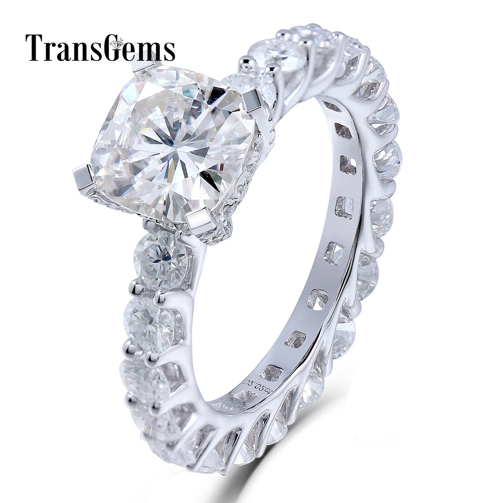 

TransGems 2 Carat Cushion cut Lab Grown Moissanite Diamond Wedding Engagement Band for Brilliant Solid 14K White Gold Women Ring