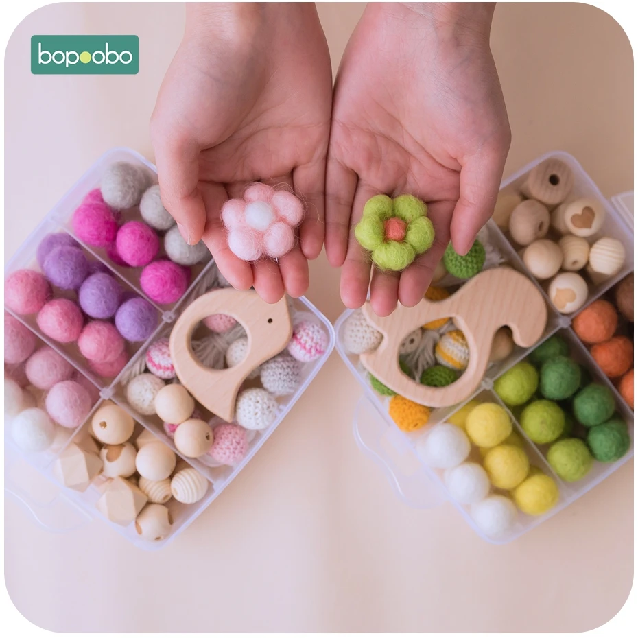 Bopoobo 1Set Baby Teether DIY Silicone Beads Pacifier Clip Chain Baby Mobile Wool ball BPA Free Wooden Crochet Beads Teether