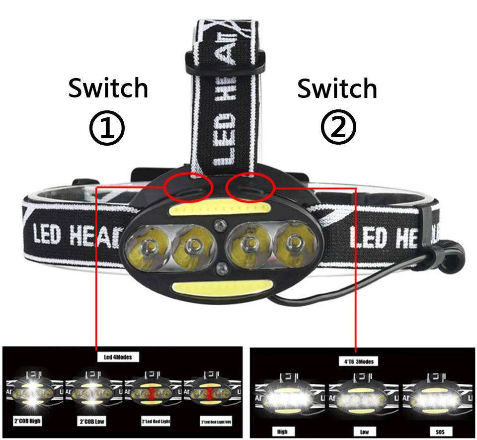 40000 люменов, сенсорный переключатель, супер яркий светодиодный налобный фонарь, 4 x T6+ 2* COB, 2 x красный налобный фонарь, 7 режимов освещения с батареями, Головной фонарь