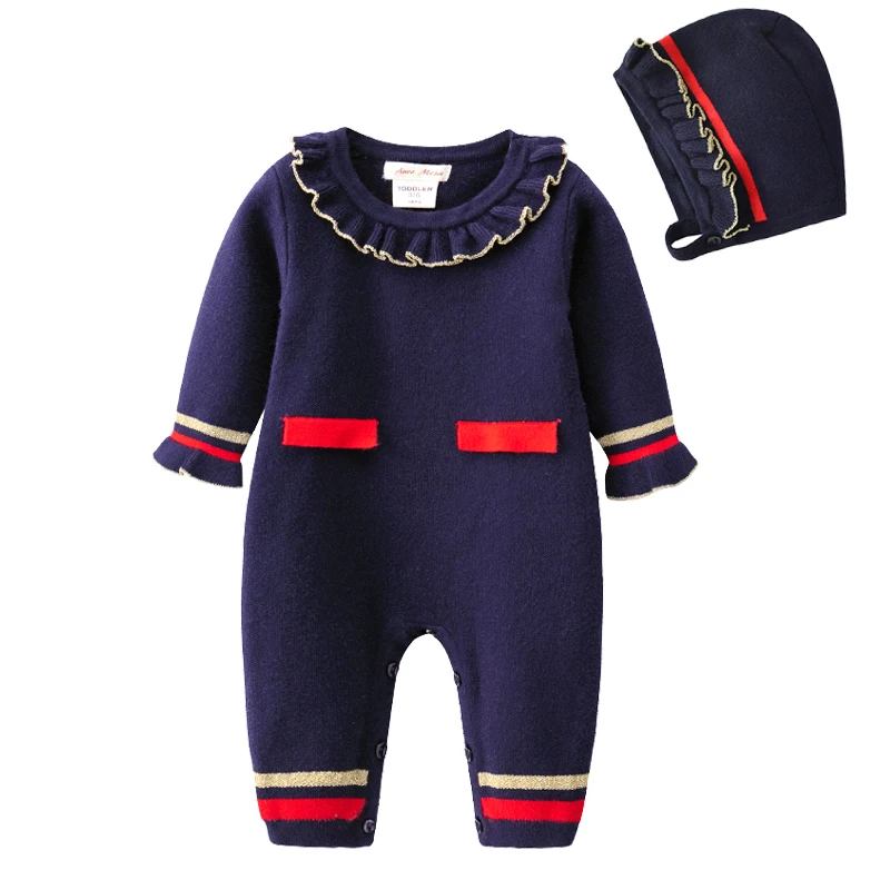

Infant Newborn Baby Girls Ruffles Collar Knit Romper with Hat Cute baby costume baby girl winter clothes