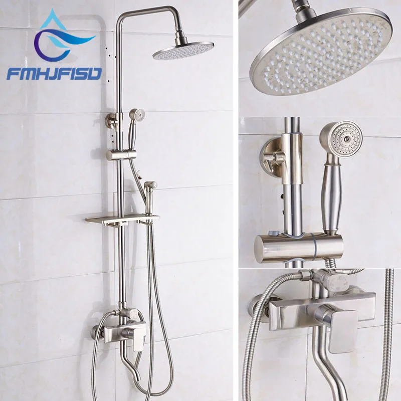 

Wholesale and Retail Brushed Nickel Shower Mixer Faucet with Bathroom Shelf Wall Mounted