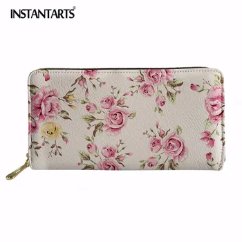 

INSTANTARTS Floral Printing Women Long Wallet PU Leather Phone Pocket Ladies Card Holder Bag Girls Zipper Coin Purse Burse Lady