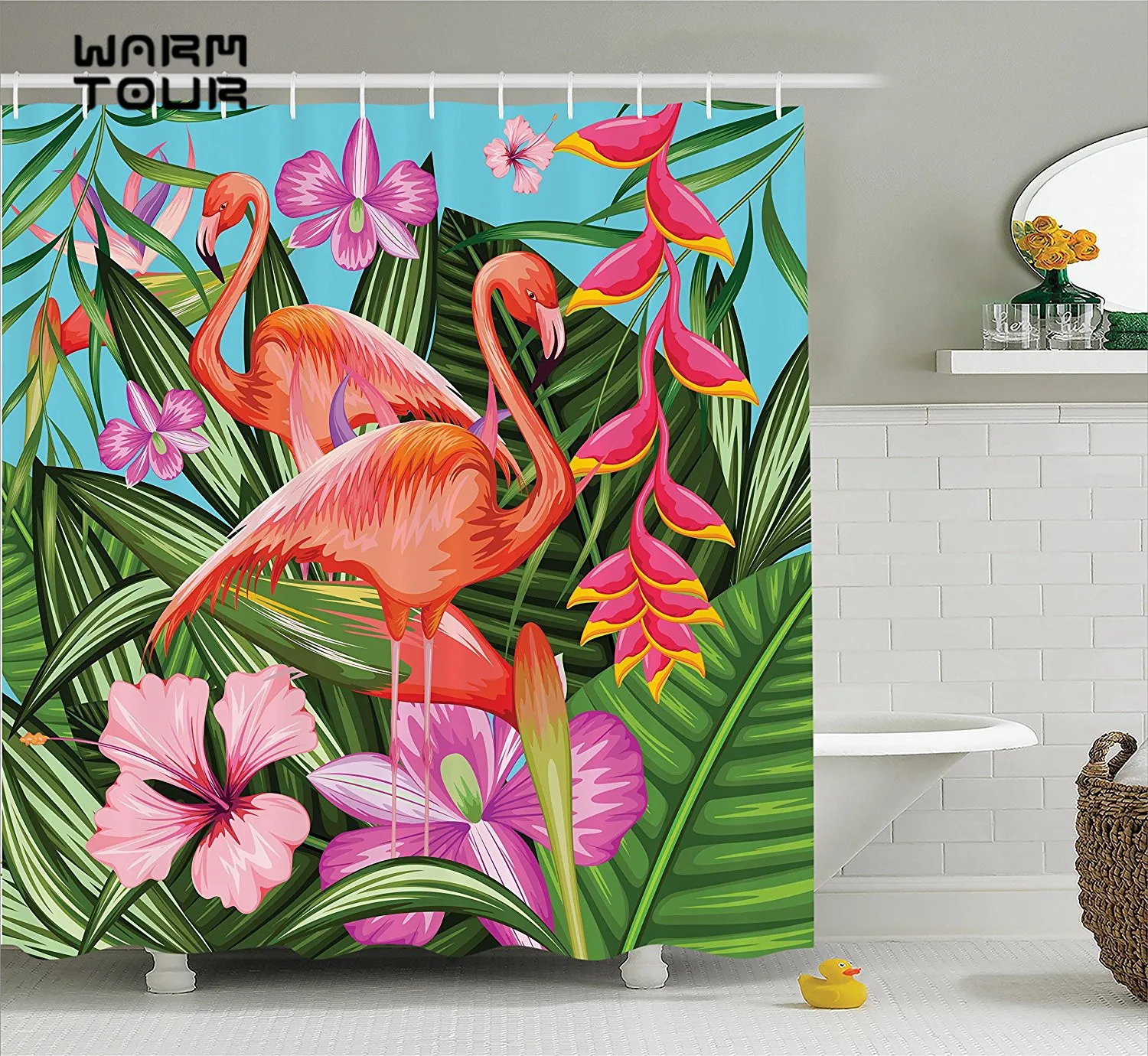 Warm Tour Flamingo Green Pink Blue Decor Shower Curtain Fabric
