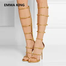 Модные женские сандалии-гладиаторы до колена пикантные женские туфли с открытым носком и вырезами на высоком каблуке для подиума женские летние римские сандалии
