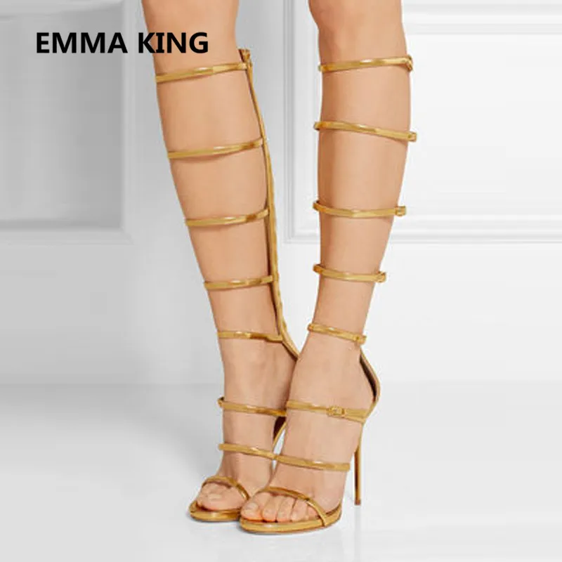 

Fashion Women Knee High Gladiator Sandals Open Toe Cut-Out Sexy High Heels Ladies Runway Shoes Woman Summer Roman Sandals Boots