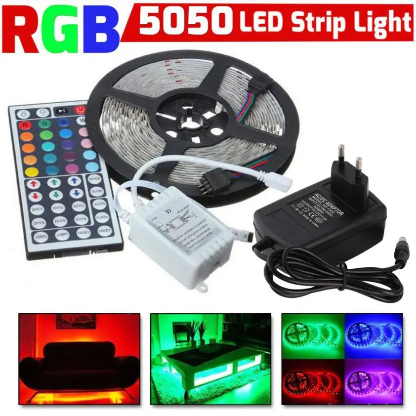 2018 новый 5 м RGB 5050 не Водонепроницаемый Светодиодные ленты свет SMD 44 кнопочный пульт 12 В Мощность JA17