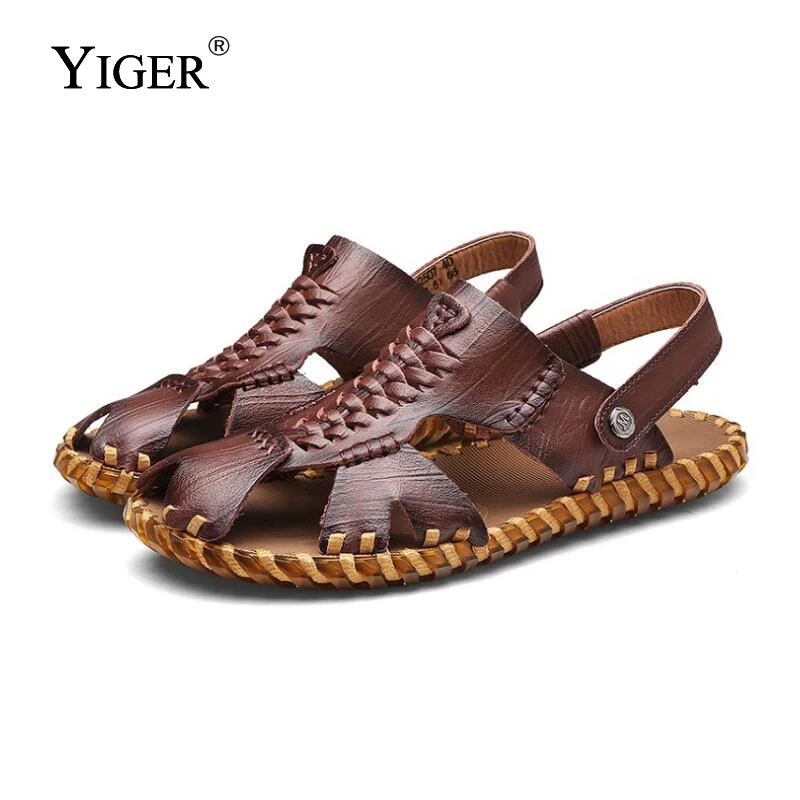 

YIGER New Men Sandals Genuine Leather Men's Roman Summer Beach Sandals Male Retro Beach Slippers Casual Slip-on Sandals 0071