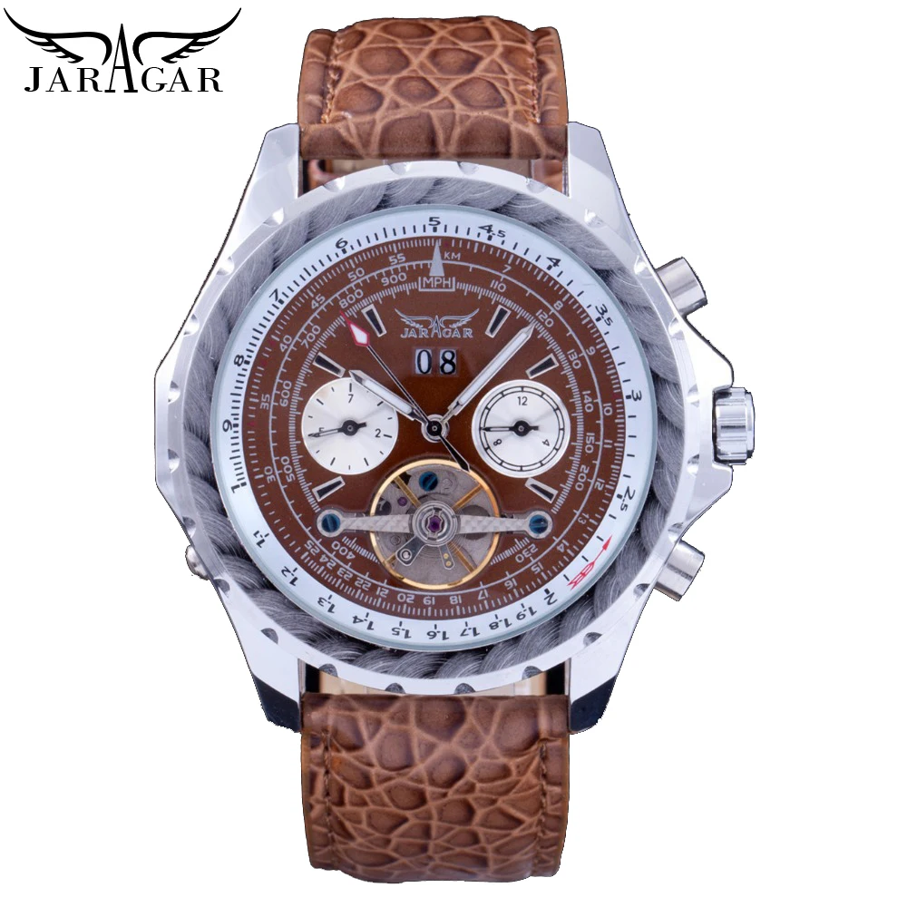 

Jaragar Male Tourbillon Skeleton Watch Men Automatic Multifunction Date Week Mechanical Fashion Brown Leather Band Watches Clock