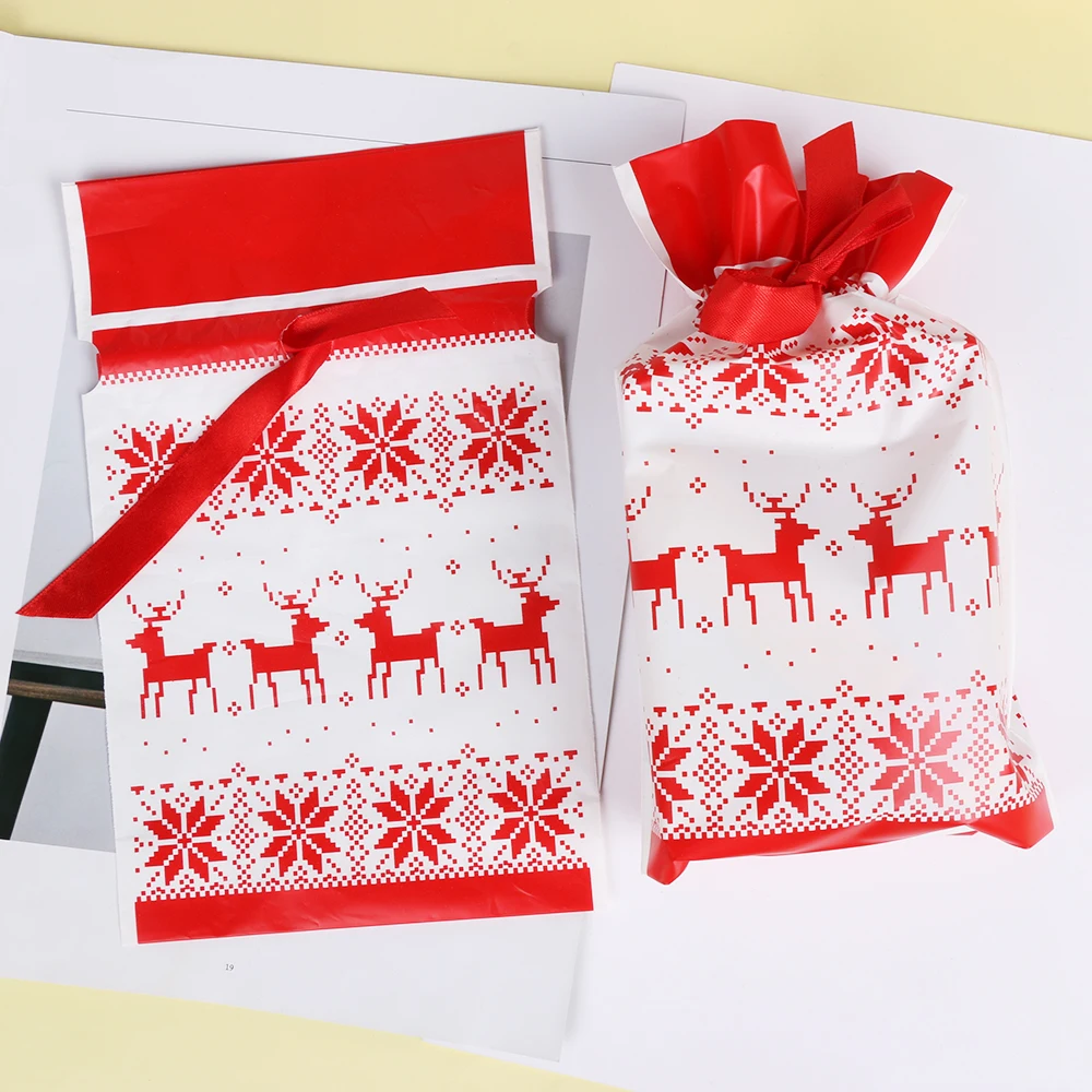 

5pcs White Red Santa Claus Elk Gift Bags Candy Cookies Package Bags For Christmas New Year Gift Wedding Party Supplies