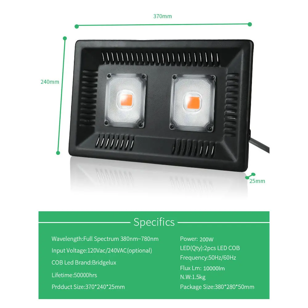 BUYBAY полный спектр светодиодный Grow светильник Водонепроницаемый IP67 100W 200W 300W COB рост потолочные светильник для завода Крытый гидропонное парниковых