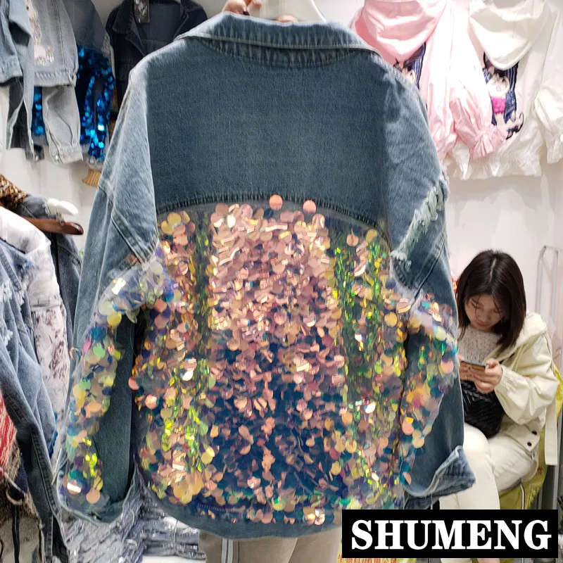 

2019 Spring and Autumn European Loose Jeans Coat Women Retro Ripped Back Full Sequins Cowboy Jacket Student Denim Coats