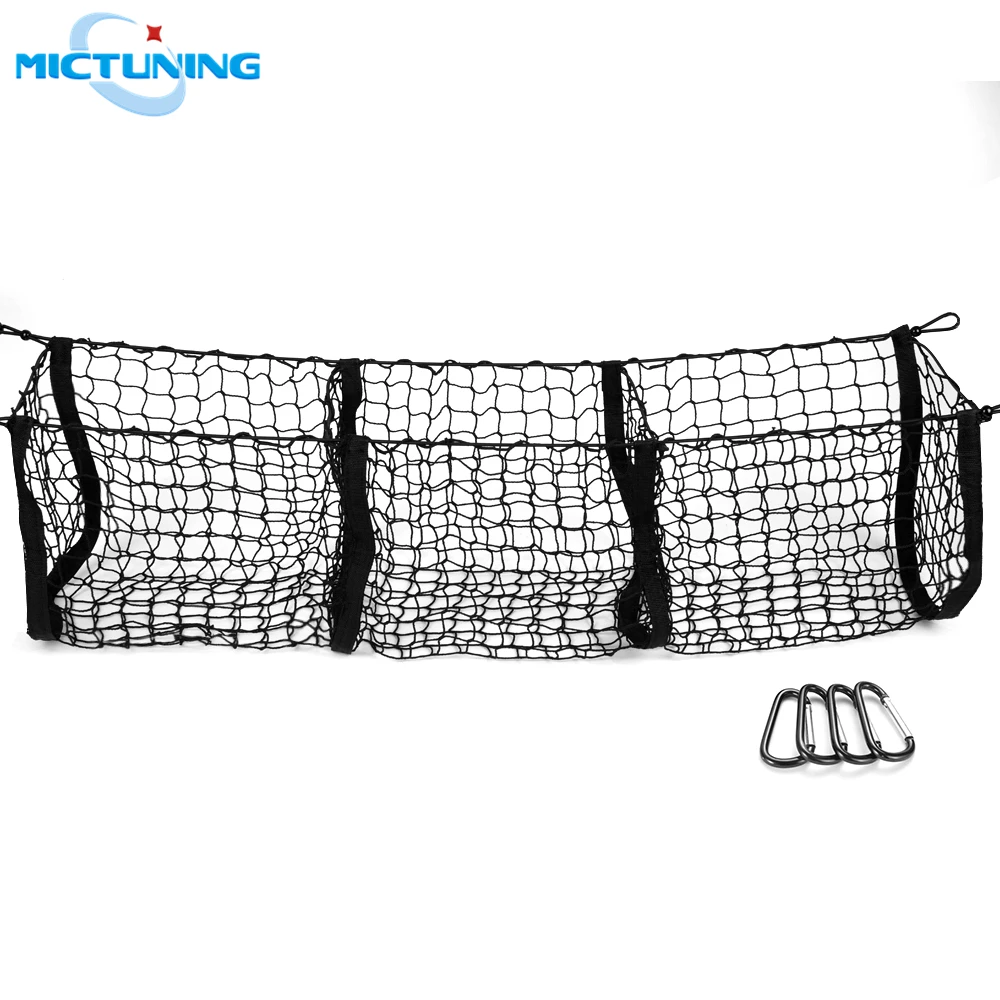 

MICTUNING Three Pockets Trunk Organizer Storage Net Heavy Duty Cargo Net for Car SUV Pickup Bed Black Mesh Four Metal Carabiners