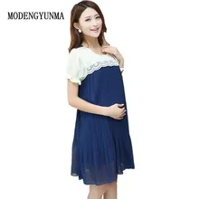 

MODENGYUNMA Maternity Dresses lace Pleated Pregnancy Clothes summer patchwork maternity Clothes Pregnant Women chiffon dress