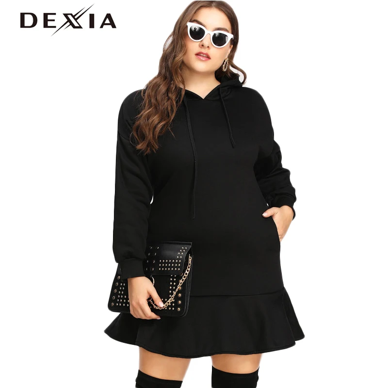 DEXIA Boho черное с капюшоном плюс размер 3XL 4XL 5XL женское платье большого размера