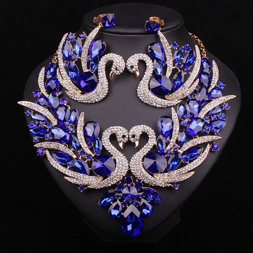 Fashion Blue Swan Crystal Bridal Jewelry Sets Statement Jewellery Party