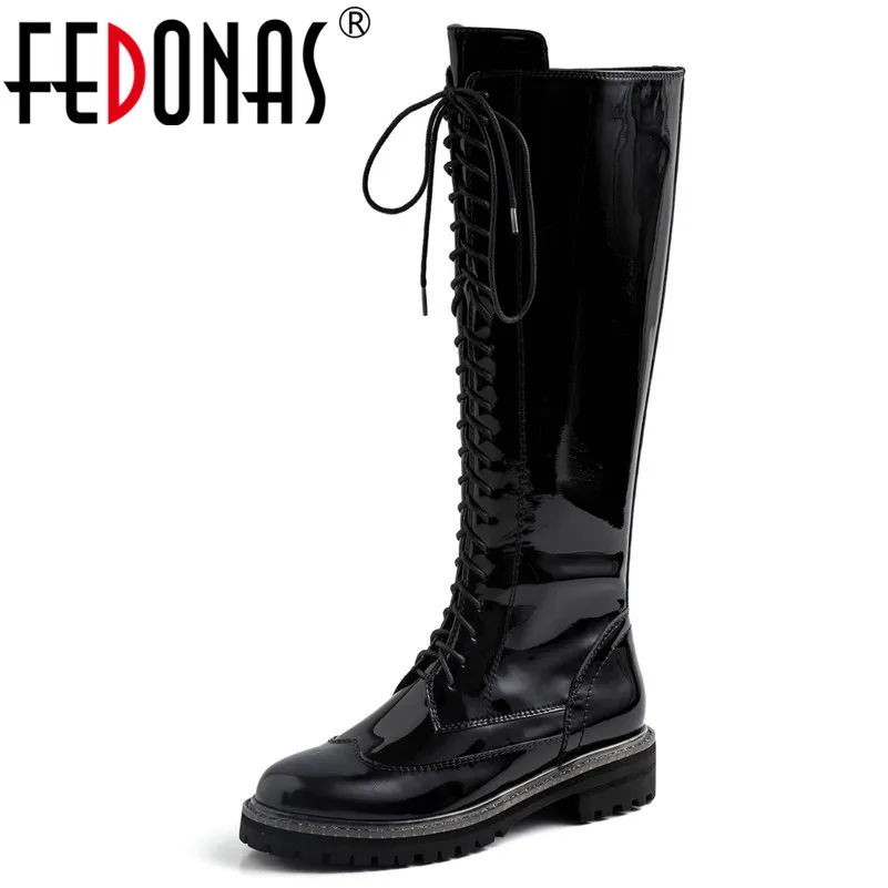 

FEDONAS 2019 Autumn Winter Round Toe Cross Tied Women Mid-Calf Boots Blingbling Genuine Leather High Heels Party Office Shoes