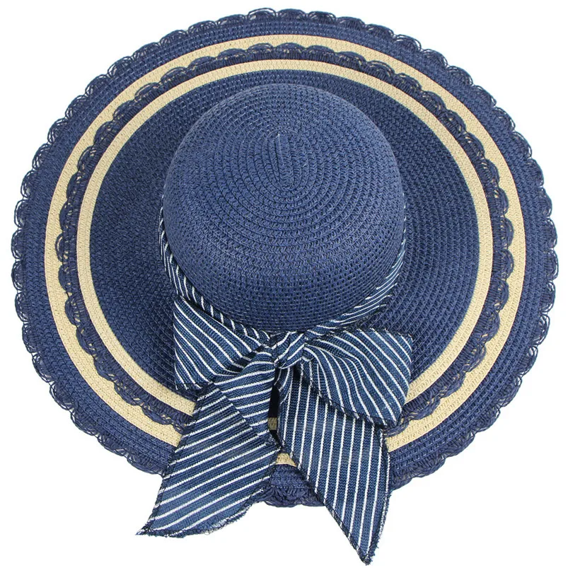 Spring And Summer Women Sunshade Lace Bow Wide Brim Big Straw Hat Womens Beach Casual Sun Daxie Straw Hat H14 (2)